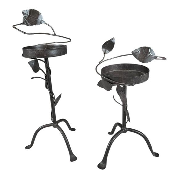 Pair of Wrought Iron Leaf & Vine Plant Stands – Black Metal Garden Decor Used - Picture 2 of 5